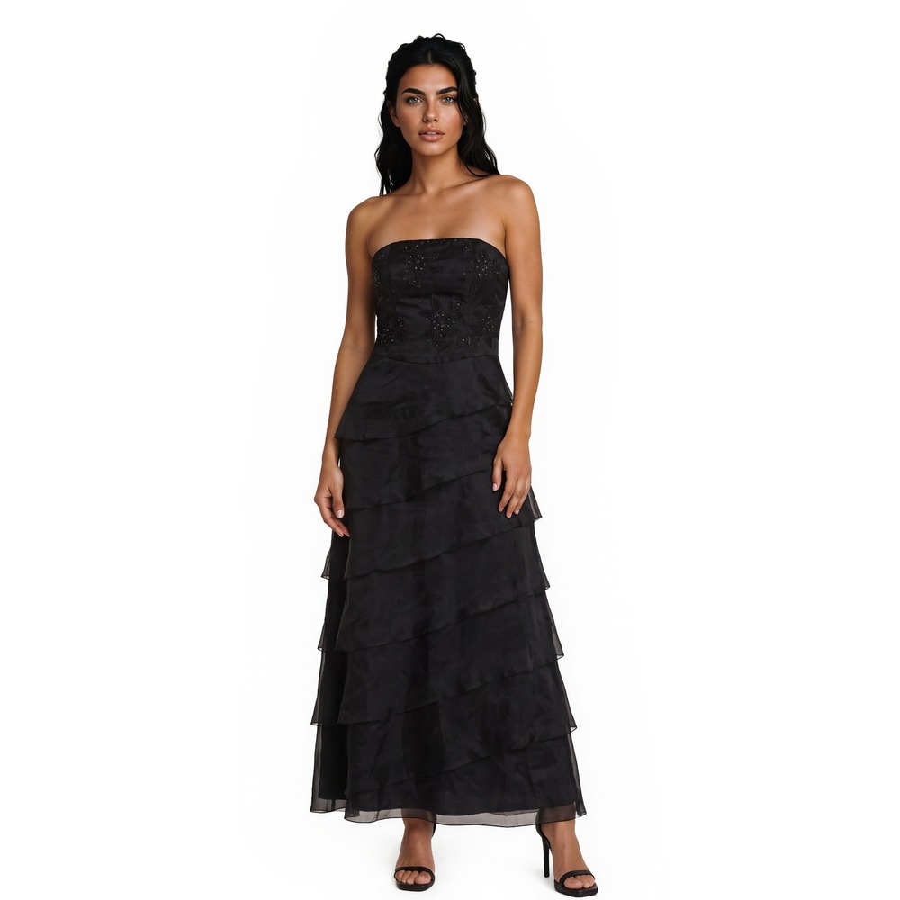 Niki Livas Maxi Gown Women's Size 14 Black Strapless Beaded Tiered Evening Dress